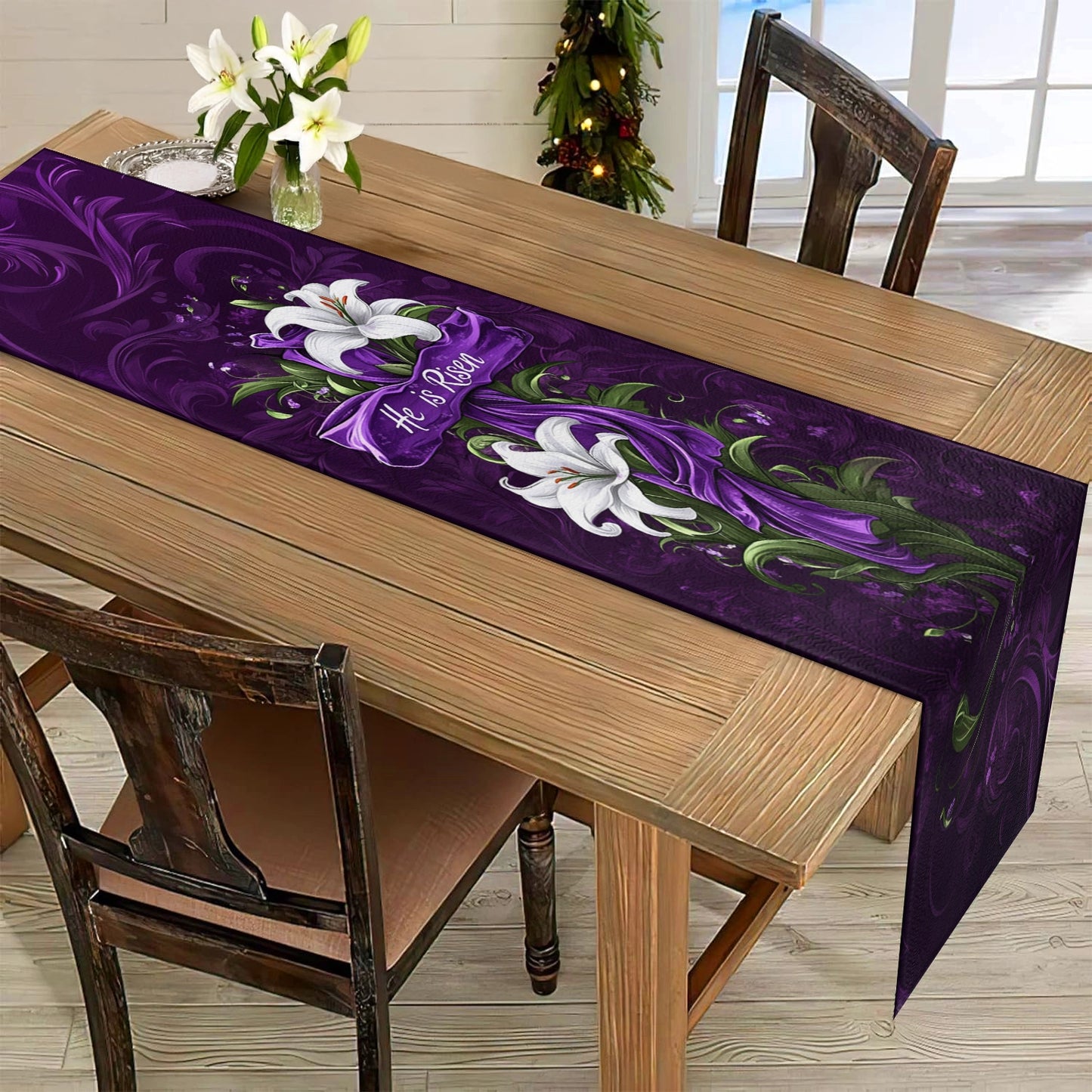 Shineful 2D Flat Print Quilted Table Runner He is Risen Lily