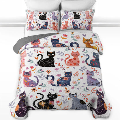 Shineful All Season Quilt 3-Piece Set Whimsical Cat Garden