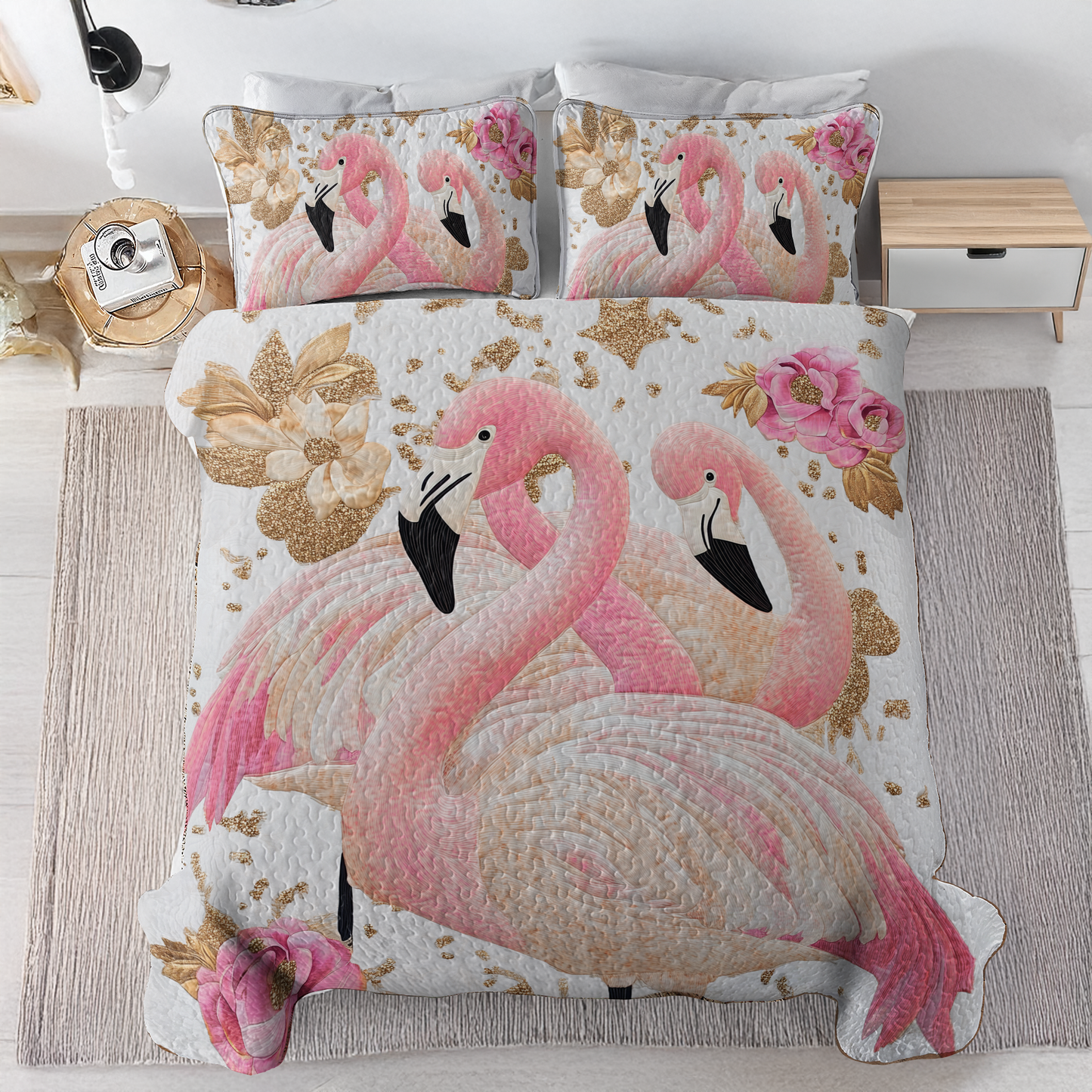 Ensemble de courtepointe toutes saisons Shineful 3 pièces - Flamant rose Golden Elegance 