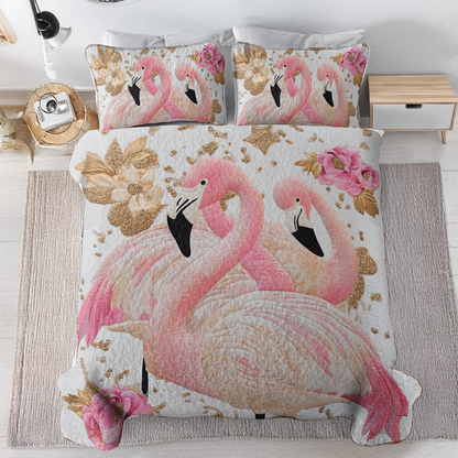 Shineful All Season Quilt 3-Piece Set - Golden Elegance Flamingo