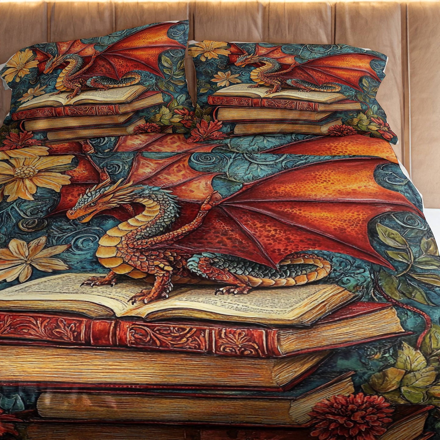 Shineful 4-teiliges Bettlakenset Stately Dragon Book Stack