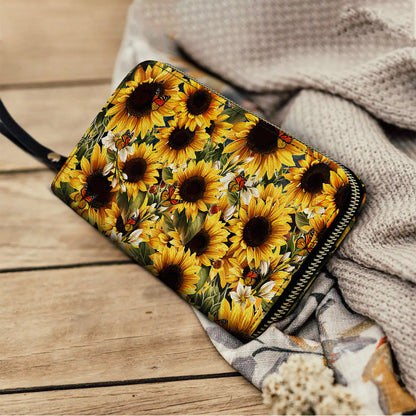 Shineful Leather Clutch Purse With Wristlet Strap Handle Gorgeous Sunflower