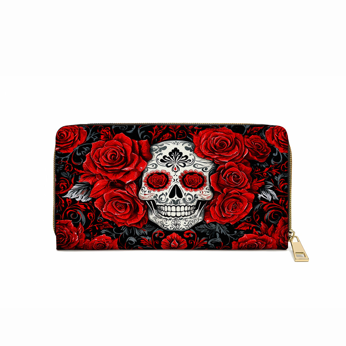 Pochette en cuir brillant avec dragonne et poignée élégante en forme de tête de mort et de roses rouges