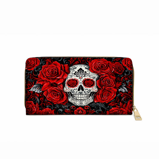 Shineful Leather Clutch Purse With Wristlet Strap Handle Elegant Red Roses Skull