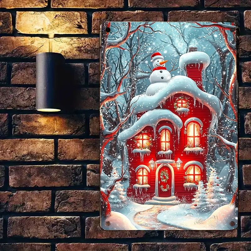 Panneau métallique 2D brillant Maison rouge enneigée de Noël