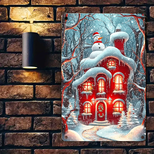 Shineful 2D Metal Sign Christmas Snowy Red House