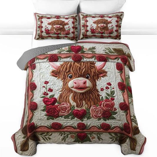 Shineful All Season Quilt 3-Piece Set Rustic Hearts Highland Cow