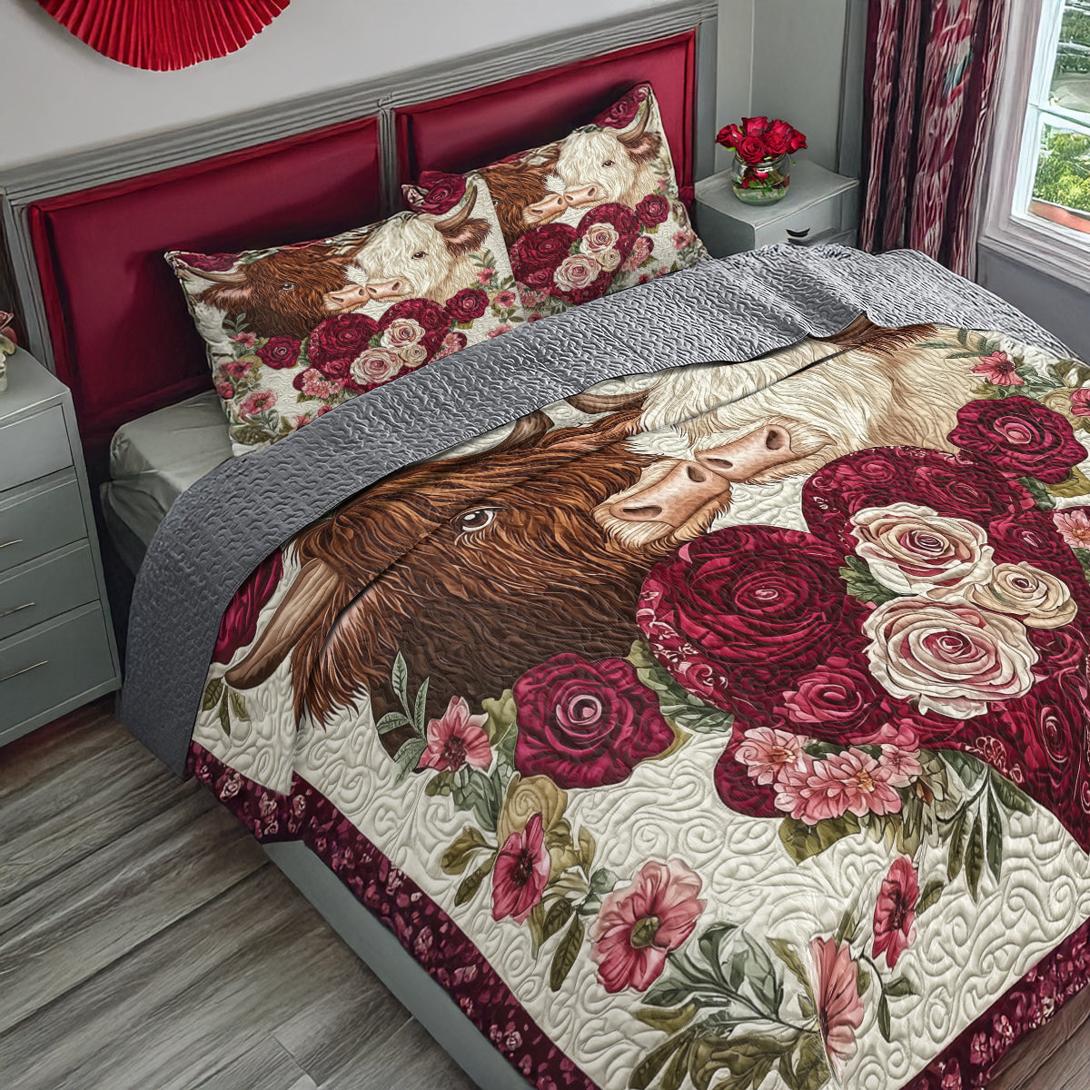 Shineful Flat Print All Season Quilt 3-Piece Set - Valentine Highland Cow