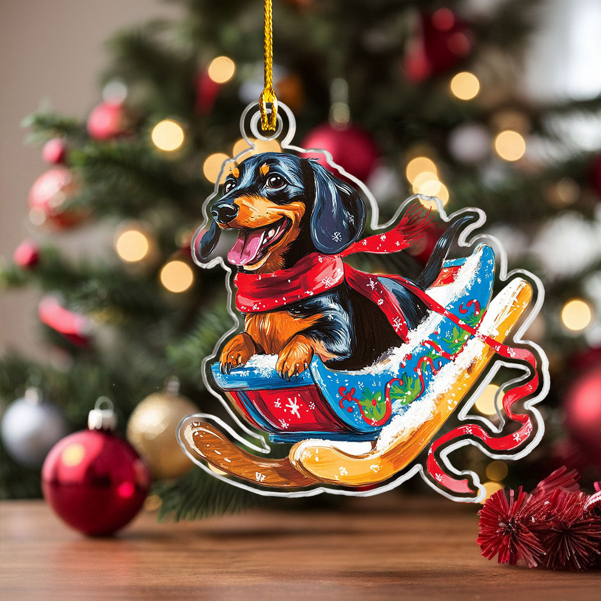 Shineful 2D Acrylic Ornament Dachshund In Sleigh