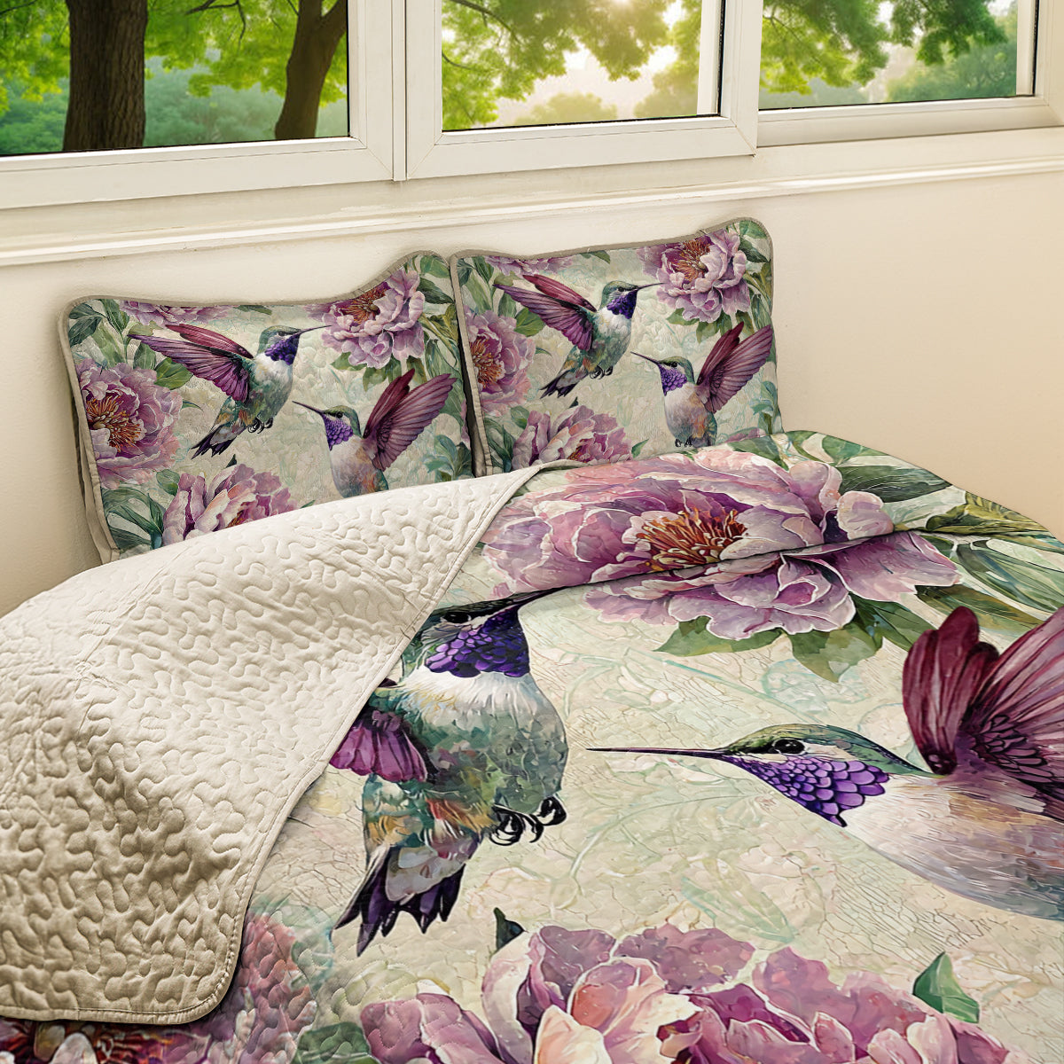 Shineful All Season Quilt 3-Piece Set Peony Hummingbird