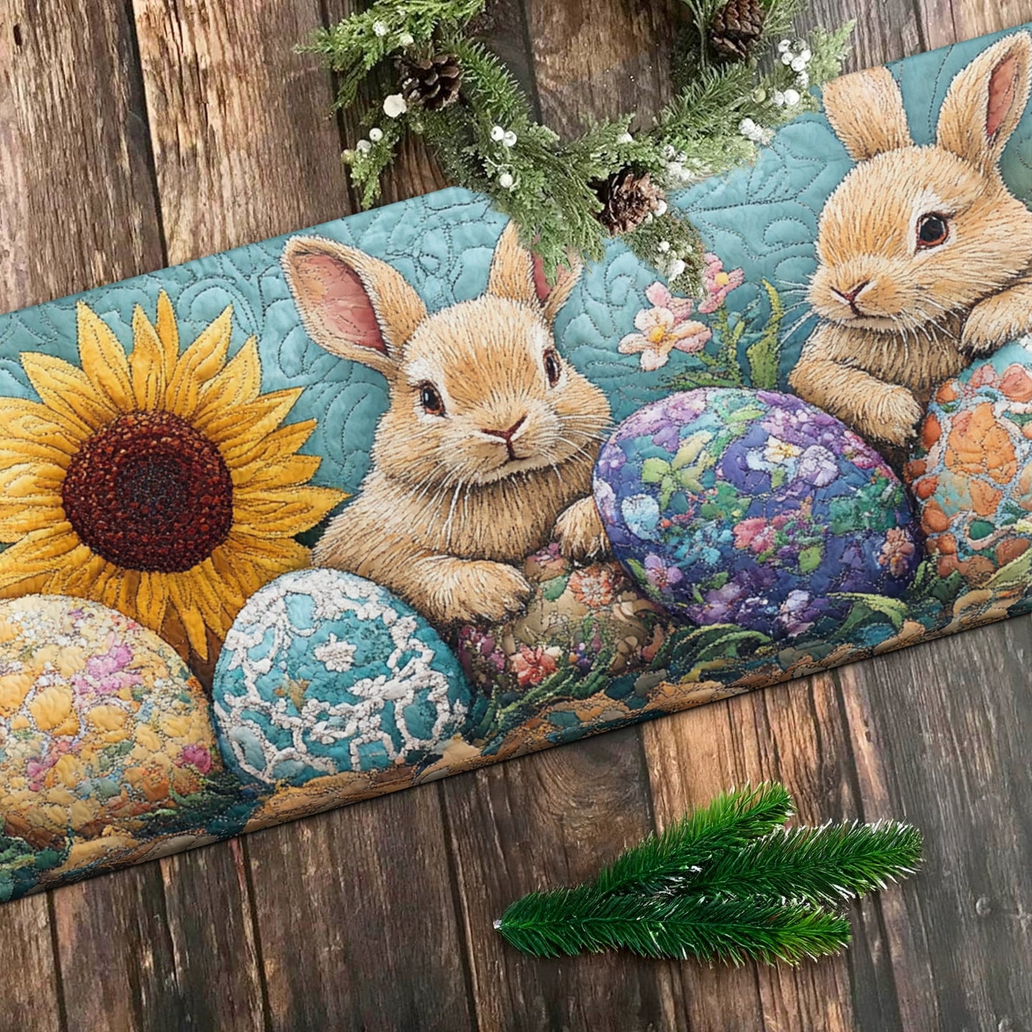 Shineful 2D Flat Print Quilted Table Runner - Springtime Bunny