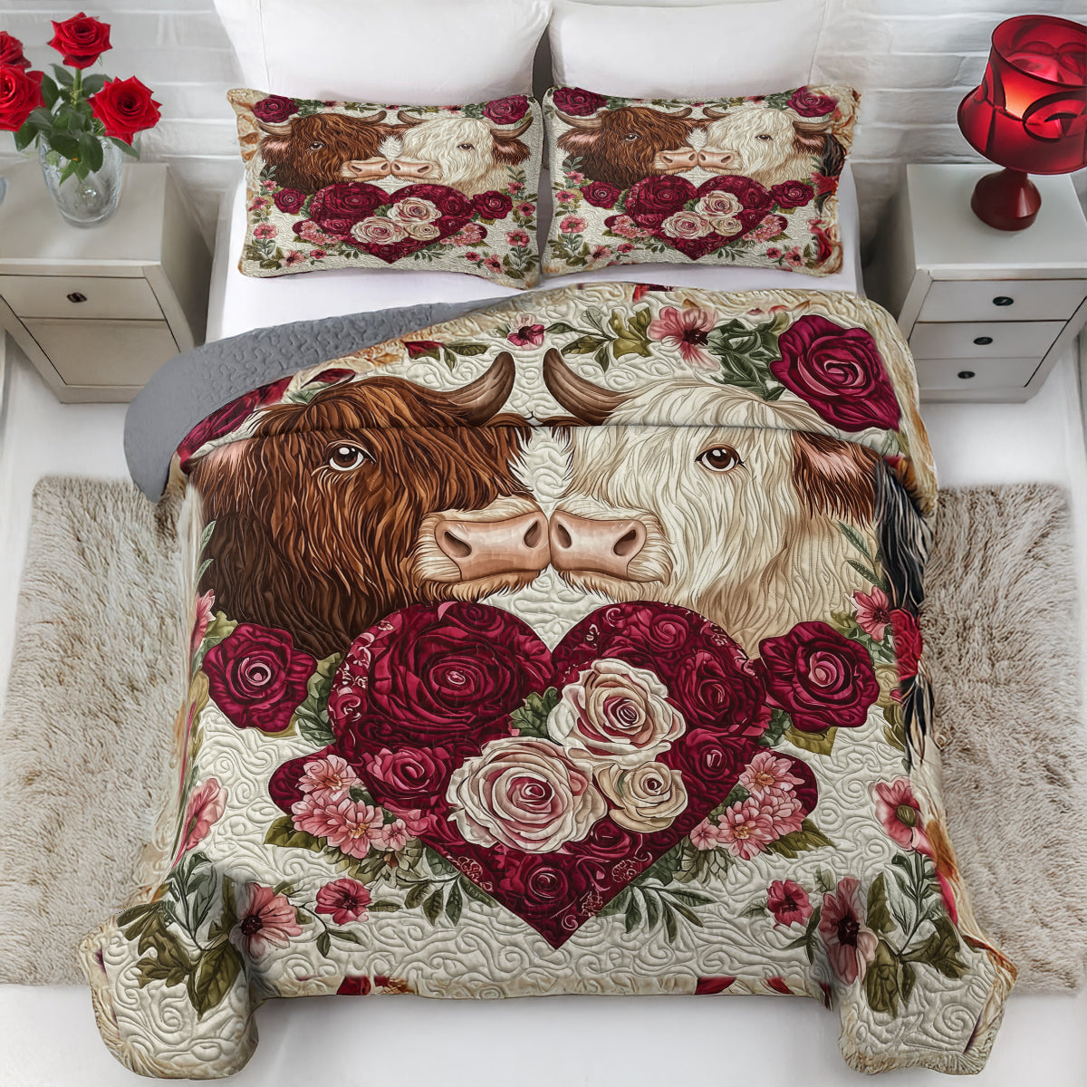 Shineful Flat Print All Season Quilt 3-Piece Set - Valentine Highland Cow