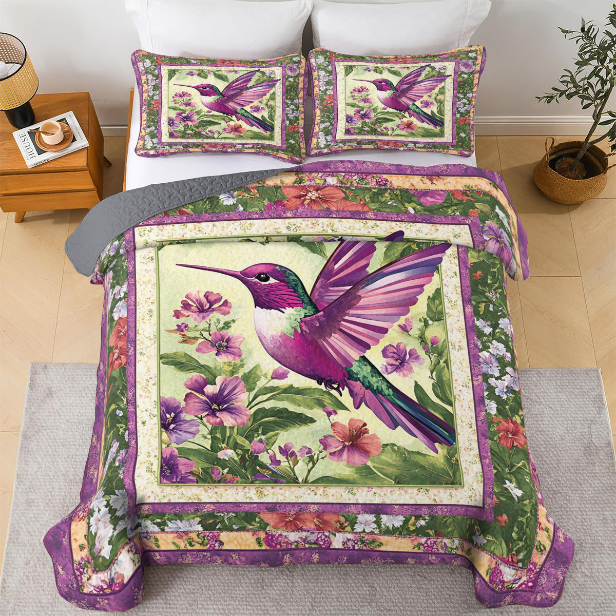 Shineful All Season Quilt 3-Piece Set Hummingbird Floral Flight