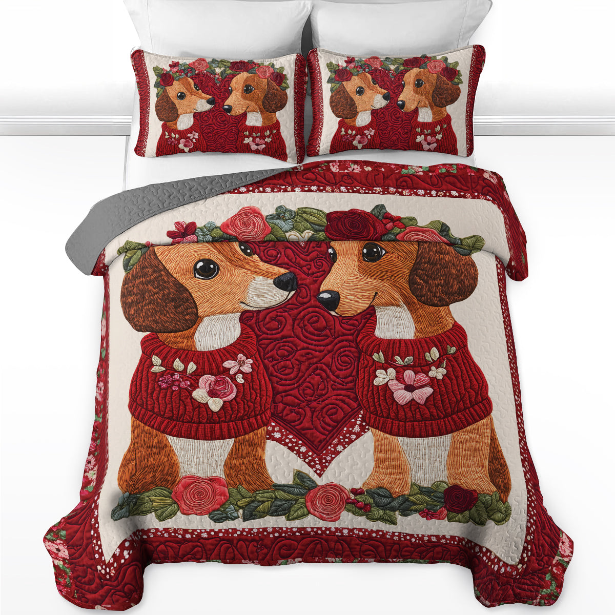 Shineful All Season Quilt 3-Piece Set Red Roses Dachshund Couple