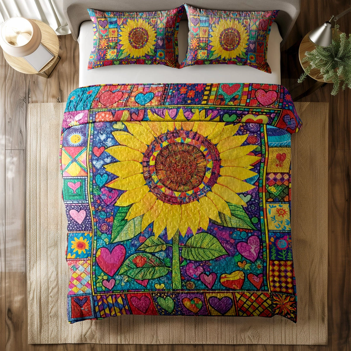 Shineful All Season Quilt 3-Piece Set Hippie Heart & Sunflower