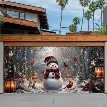 Shineful Garage Door Banner Decoration Winter Forest Snowman With Cardinals