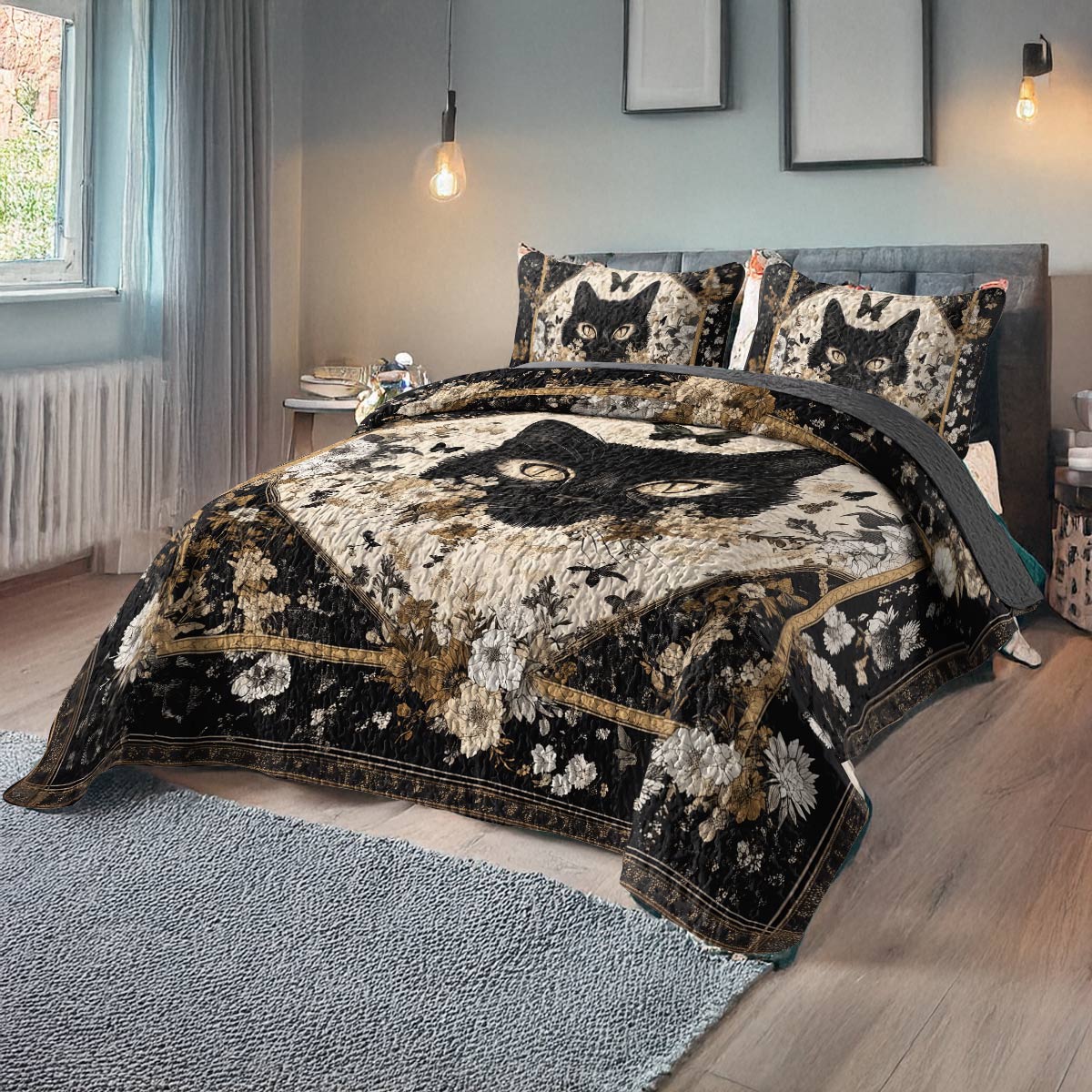 Shineful All Season Quilt 3-Piece Set - Mystical Black Cat