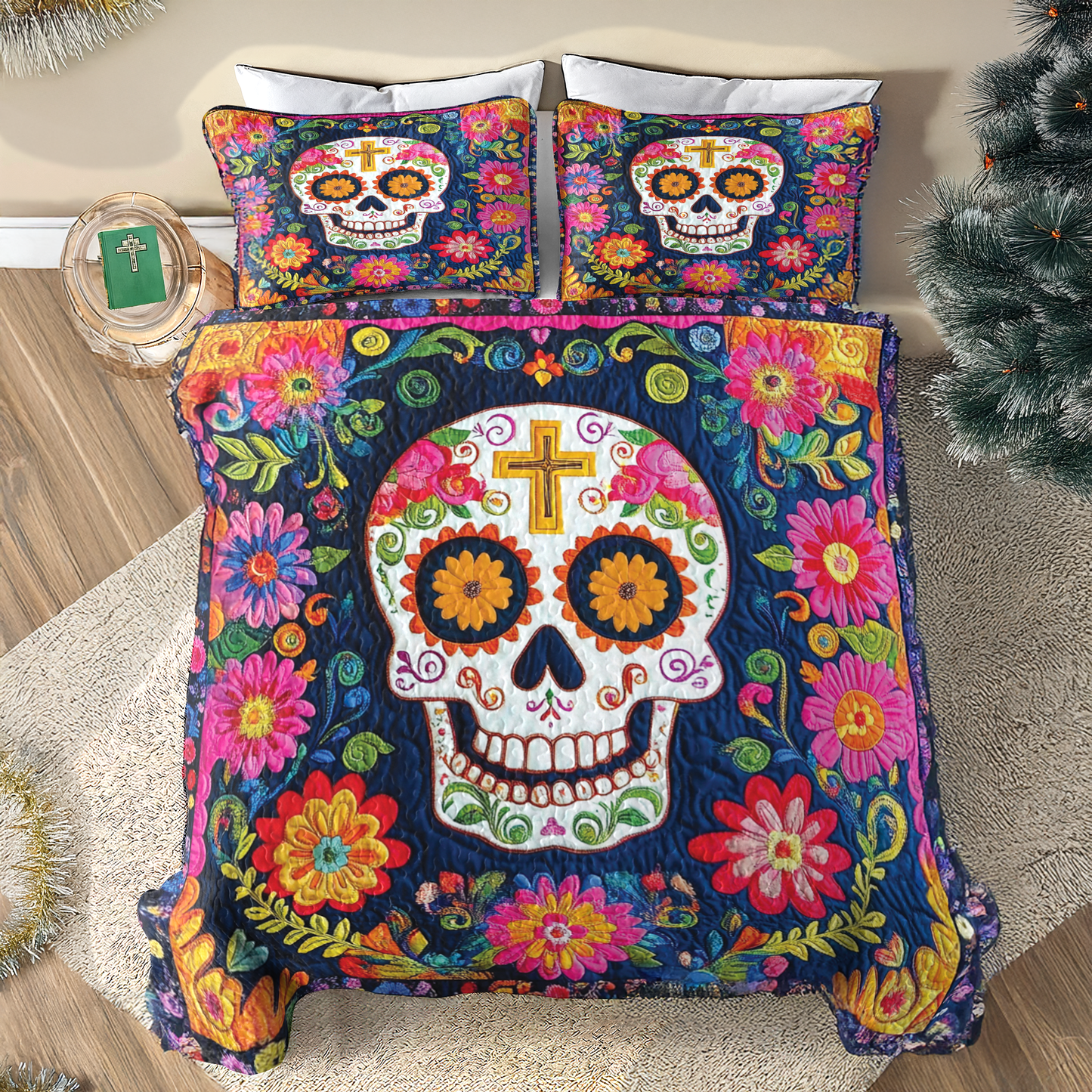 Shineful All Season Quilt 3-Piece Set Vibrant Floral Skull