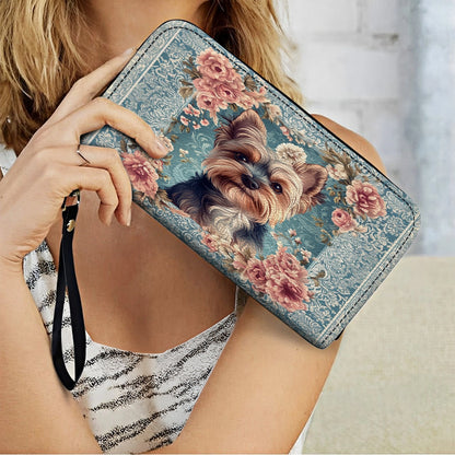 Shineful Leather Clutch Purse With Wristlet Strap Handle Yorkie Rose Bloom Elegance