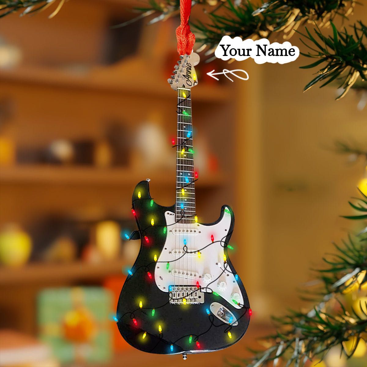 Ornement en acrylique 2D brillant - Guitare de Noël personnalisée avec lumières rockin'