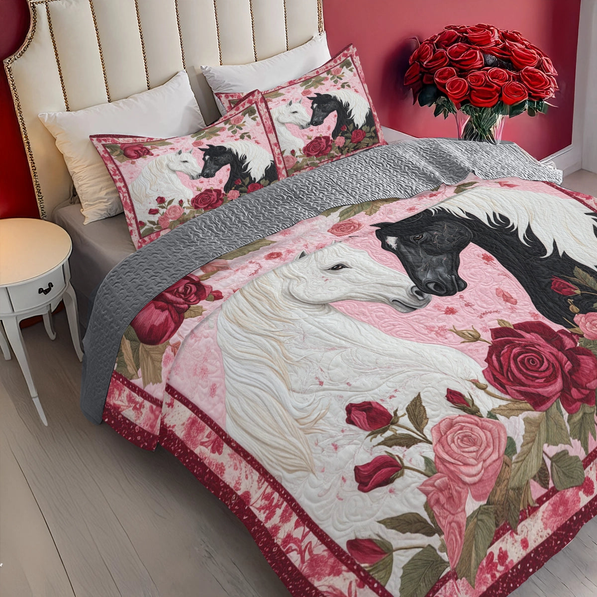 Shineful All Season Quilt 3-Piece Set Romantic Rose Horse