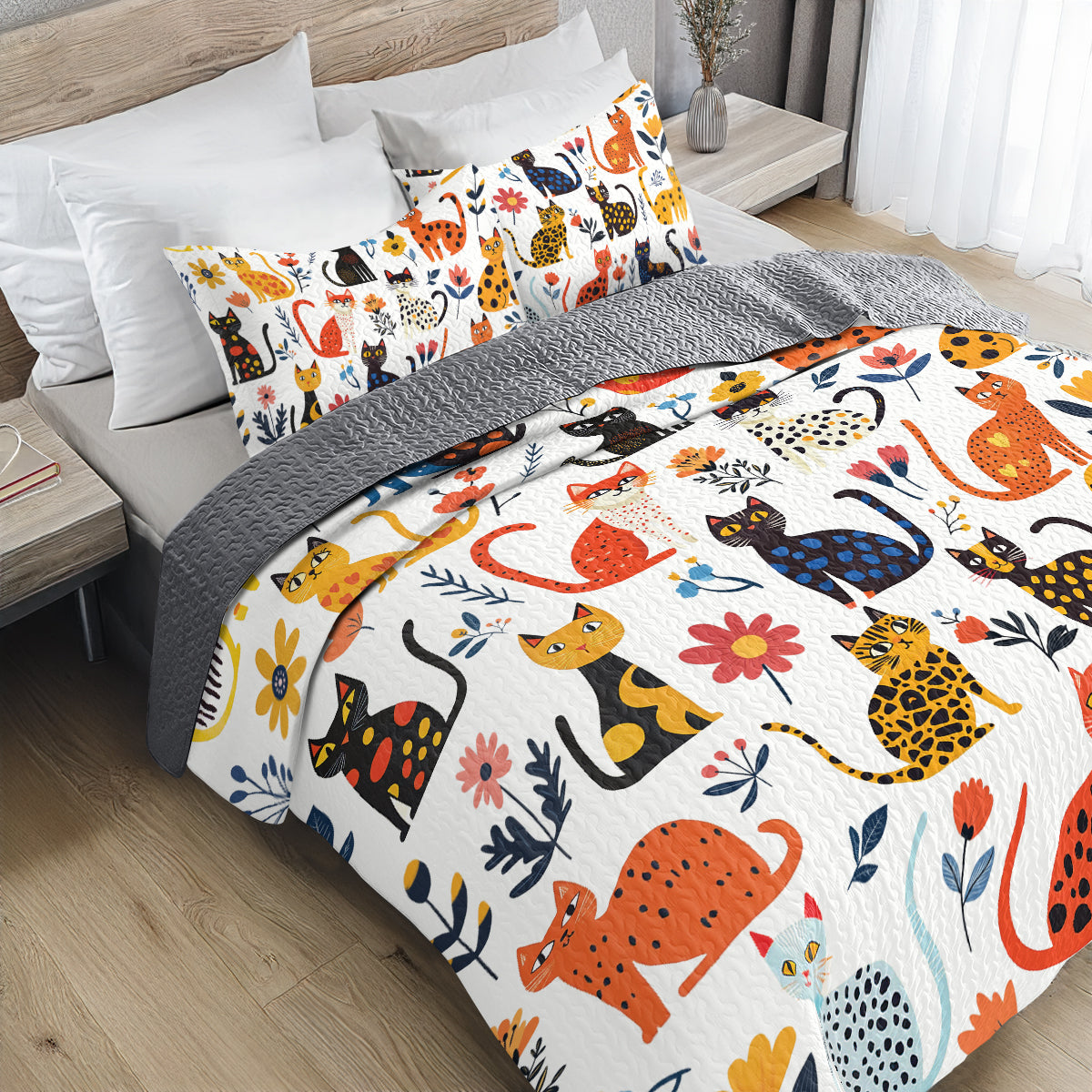 Shineful All Season Quilt 3-Piece Set - Purrfectly Feline With Floral