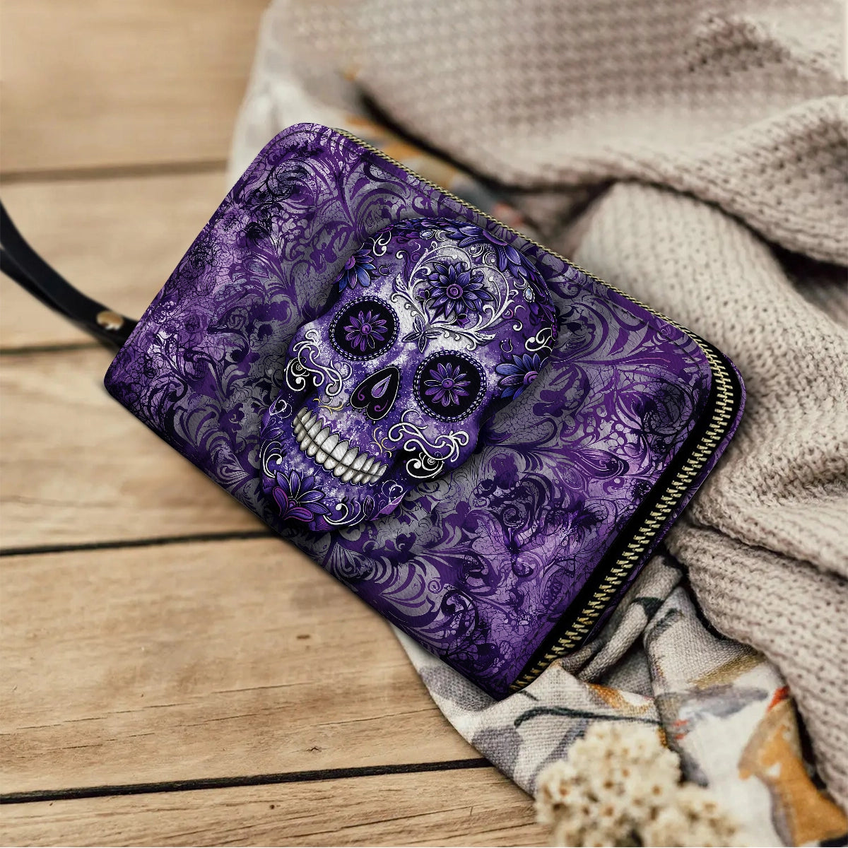 Shineful Leather Clutch Purse With Wristlet Strap Handle Gorgeous Mandala Skull