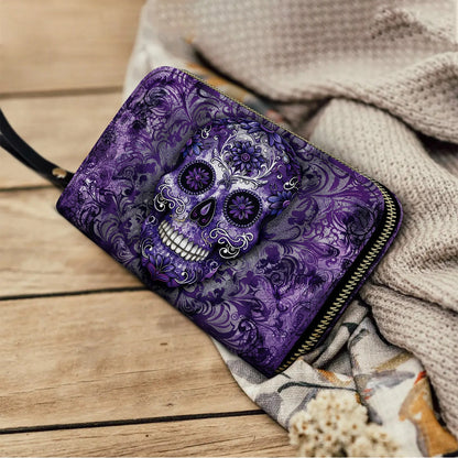 Shineful Leather Clutch Purse With Wristlet Strap Handle Gorgeous Mandala Skull