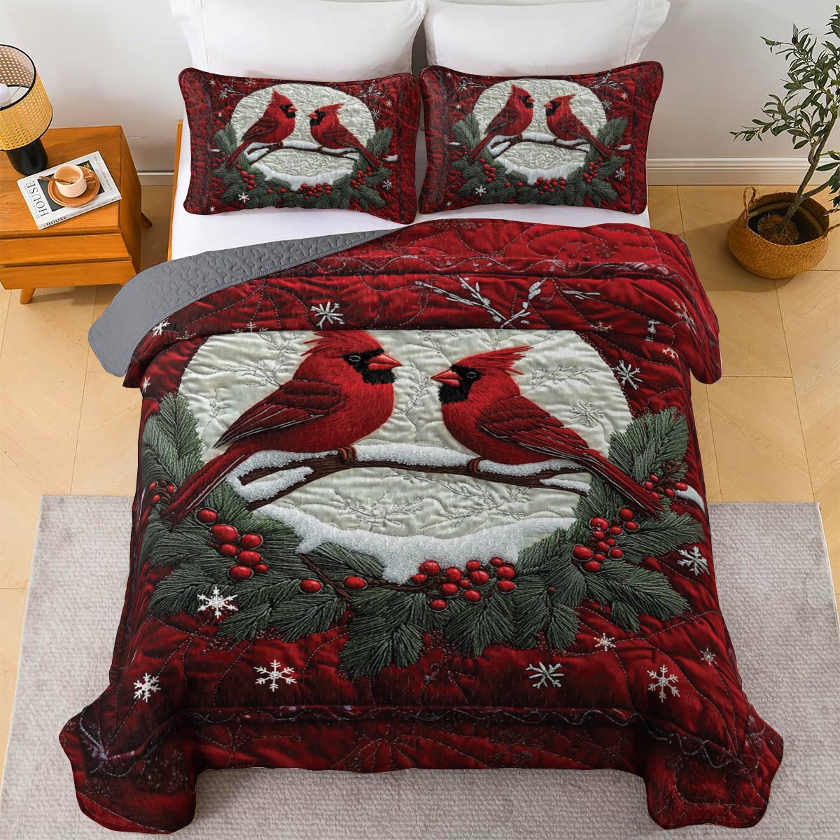 Shineful All Season Quilt 3-Piece Set Cardinal Couple