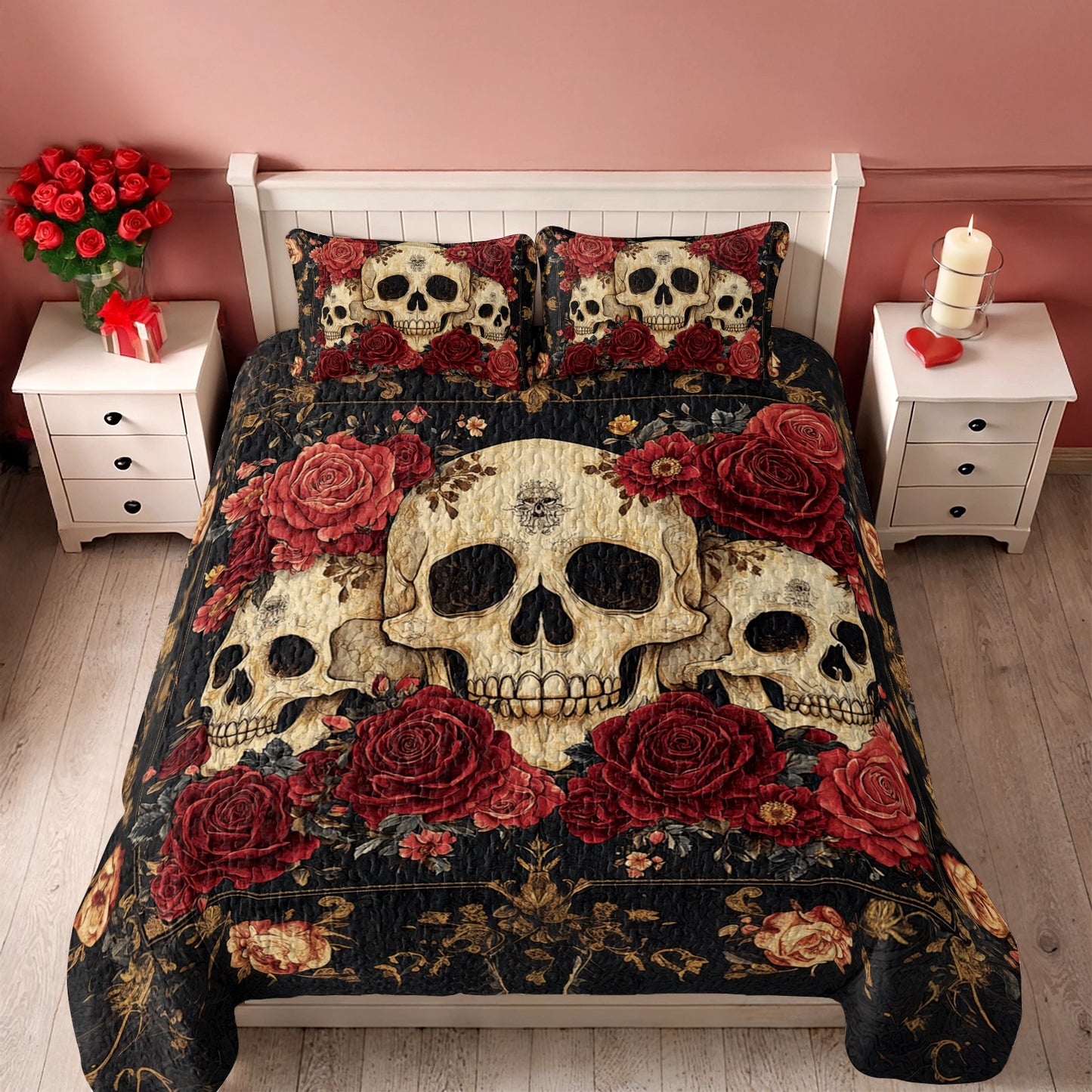 Shineful All Season Quilt 3-Piece Set Gothic Night Rose Skulls