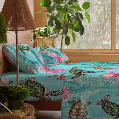 Shineful 4-Piece Bed Sheet Set - Sea Turtle Hibiscus