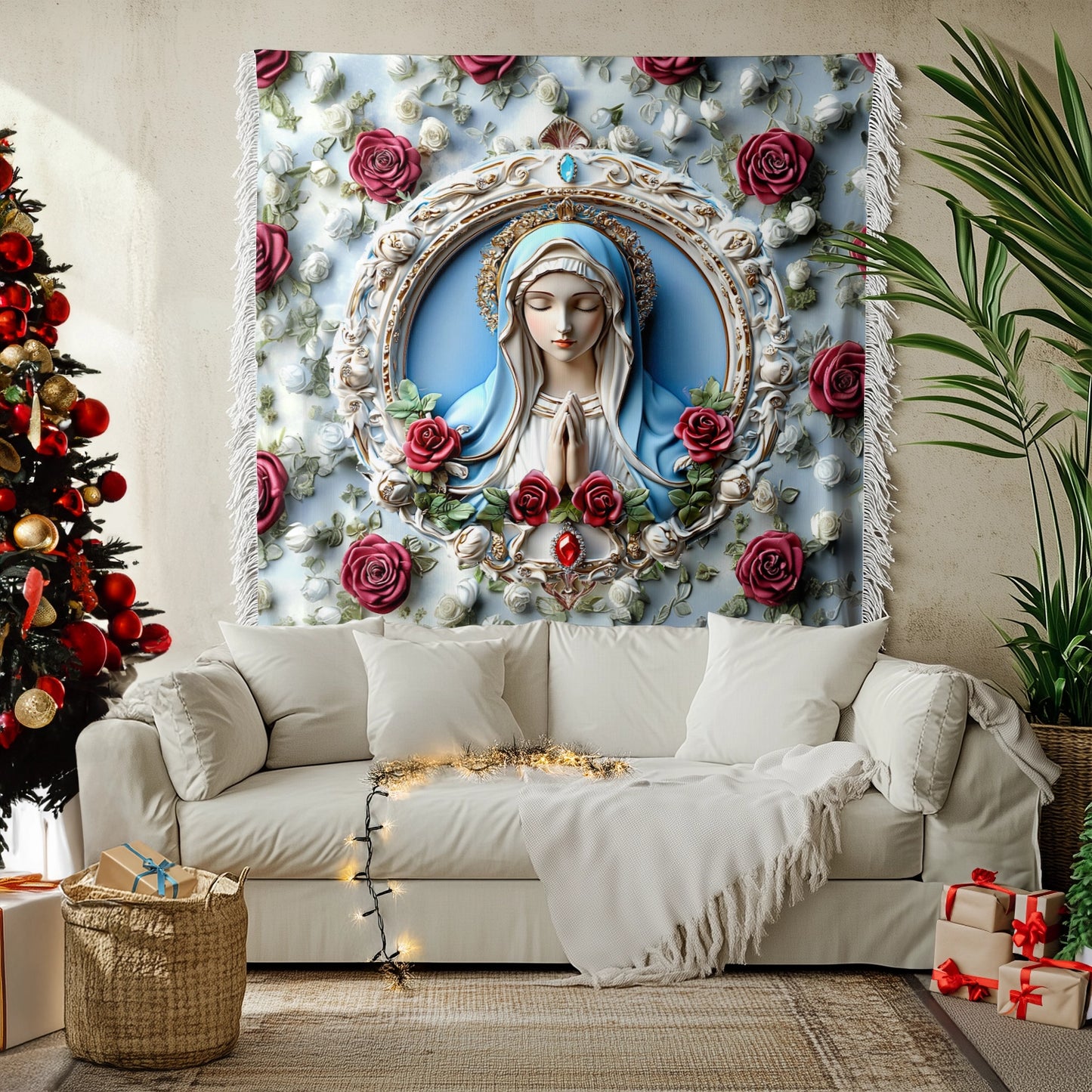 Shineful Woven Tapestry Throw Blanket - Sacred Heart Virgin Mary