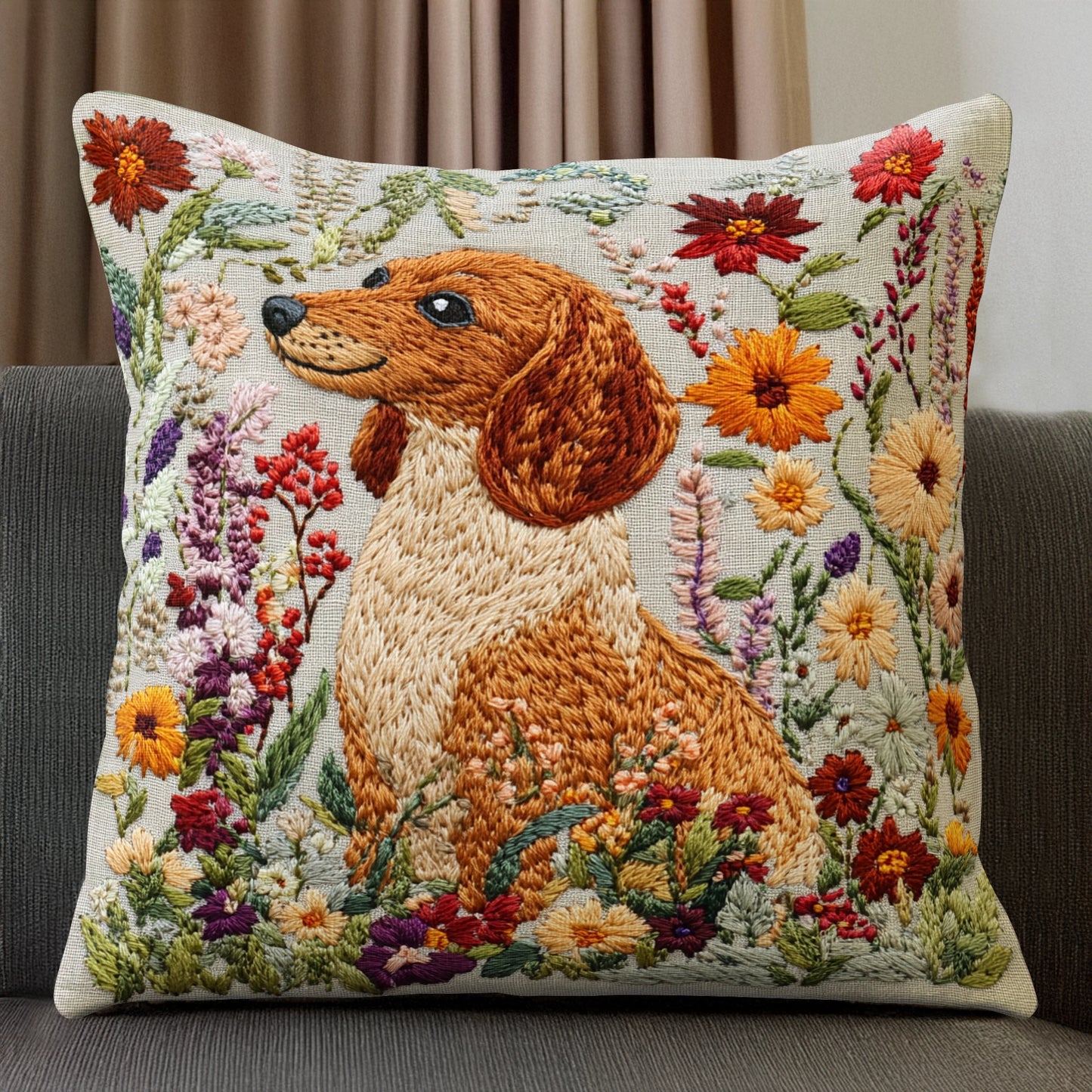 Shineful Pillow 2D Flat Print Dachshund Garden Companion