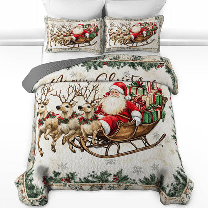 Shineful All Season Quilt 3-Piece Set A Santa In His Sleigh With Gentle Reindeers