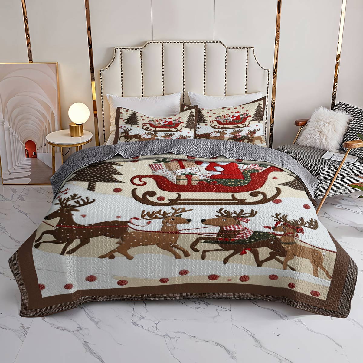 Shineful Flat Print Quilt 3-teiliges Set Gemütlicher Weihnachtsmann mit Rentier, das seinen Schlitten voller Geschenke zieht