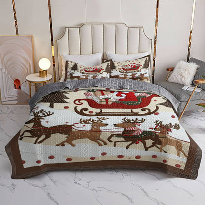 Shineful Flat Print Quilt 3-Piece Set Cozy Santa Claus With Reindeer Pulling His Sleigh Full Of Gifts