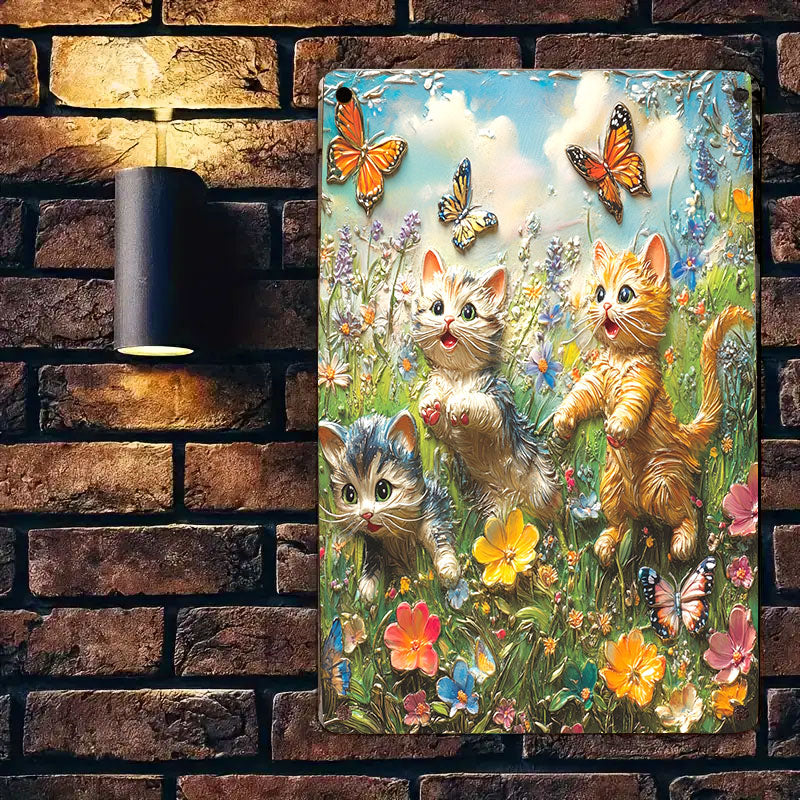 Shineful 2D Flat Print Metal Sign Cute Cats In Flowers Garden