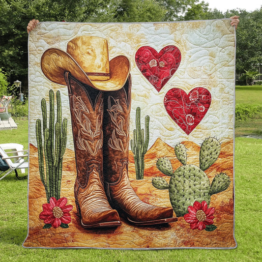 Shineful Flat Print Faux Quilt Blanket - Western Charm with Cowboy Boots and Cactus