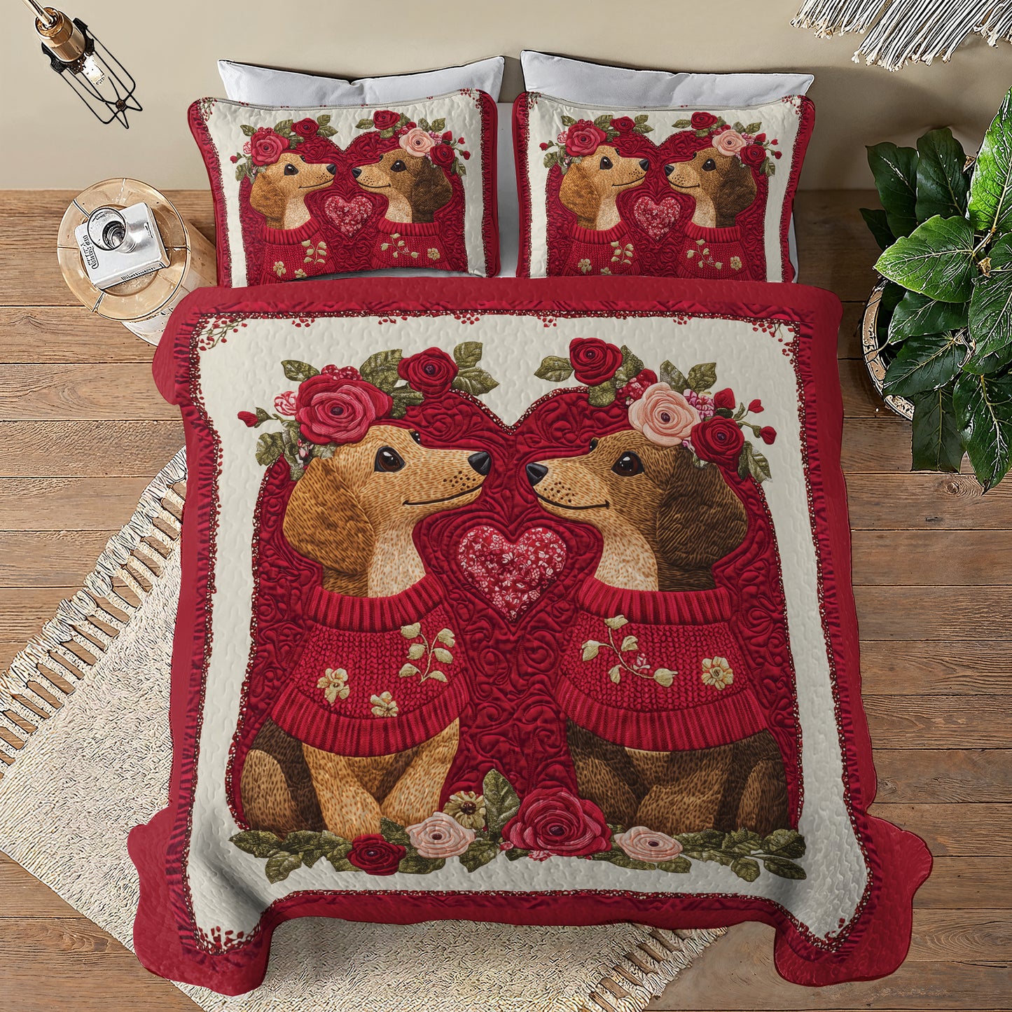 Shineful All Season Quilt 3-teiliges Set mit Herz- und Blumenmotiv, Dackelpaar