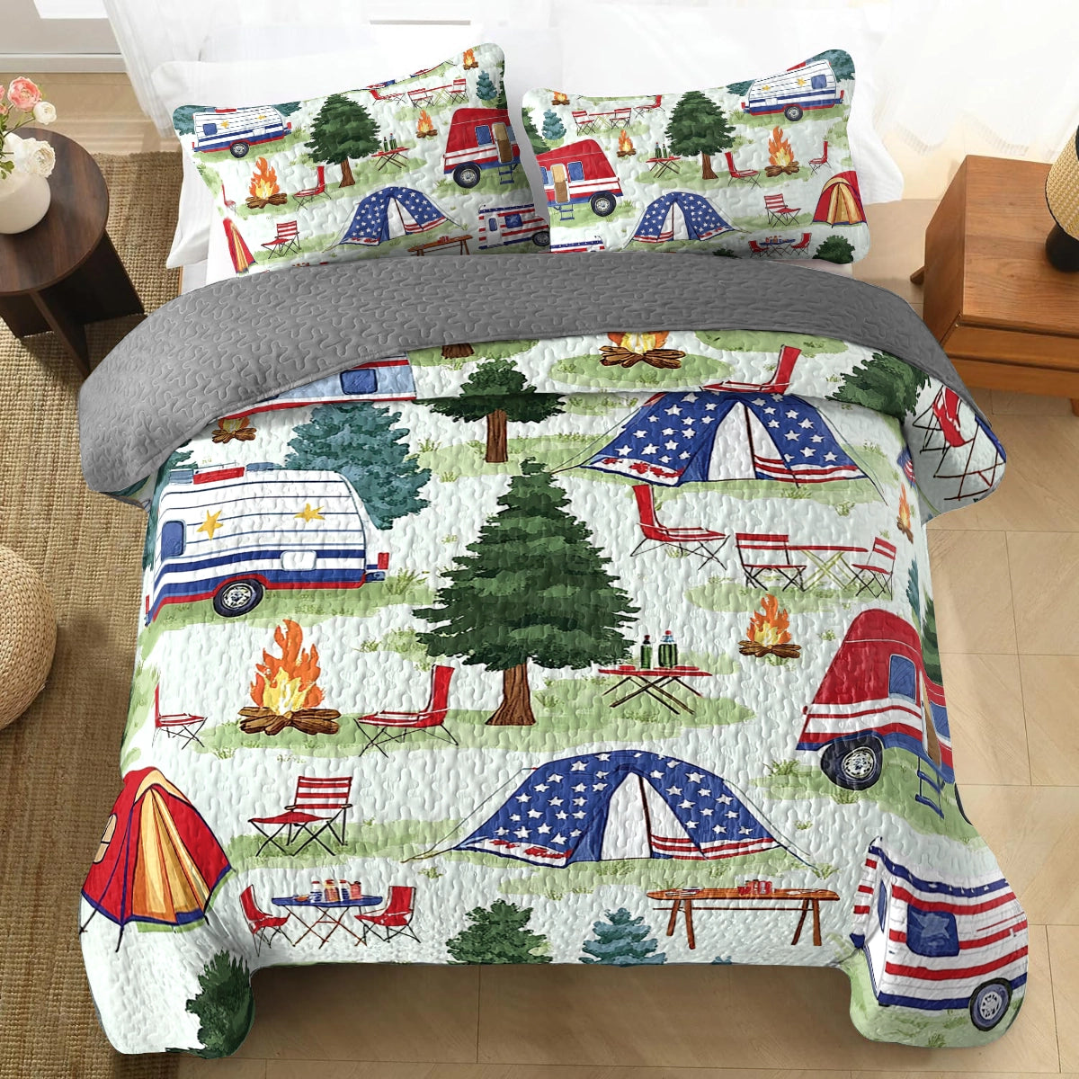 Shineful All Season Quilt 3-Piece Set - Red, White & Camping Nights