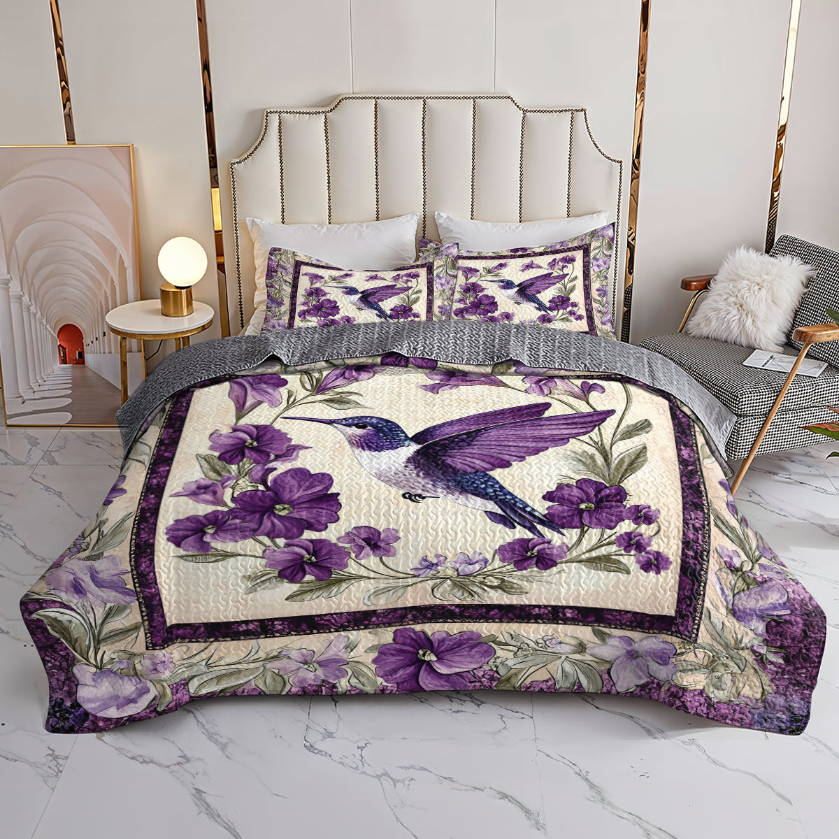 Shineful All Season Quilt 3-Piece Set Gorgeous Purple Hummingbird