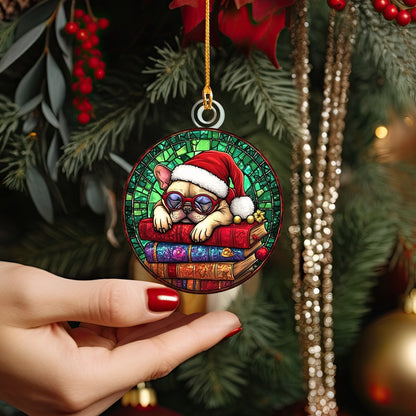 Glänzendes 2D-Ornament aus Acryl – Frenchie Holiday Bookworm