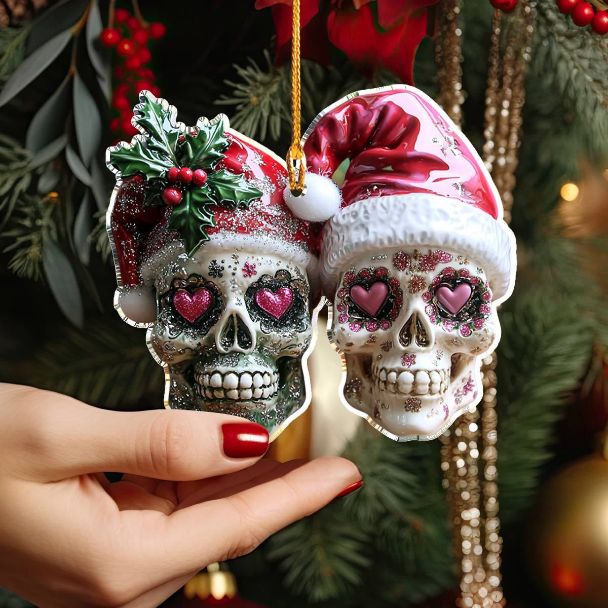 Glänzendes 2D-Acryl-Ornament „Everlasting Christmas Love Skulls“ 