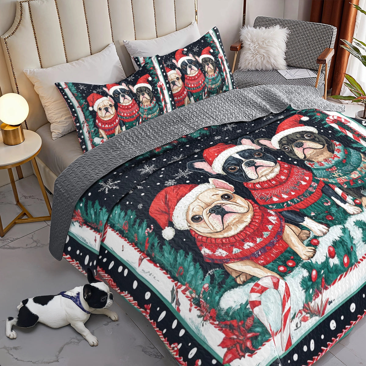 Shineful All Season Quilt 3-teiliges Set Französische Bulldogge Winter Wonderland