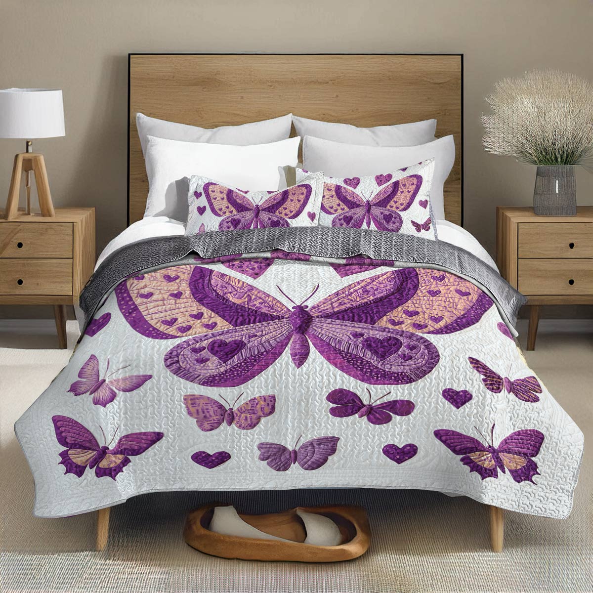 Shineful All Season Quilt 3-Piece Set - Purple Butterfly Bliss