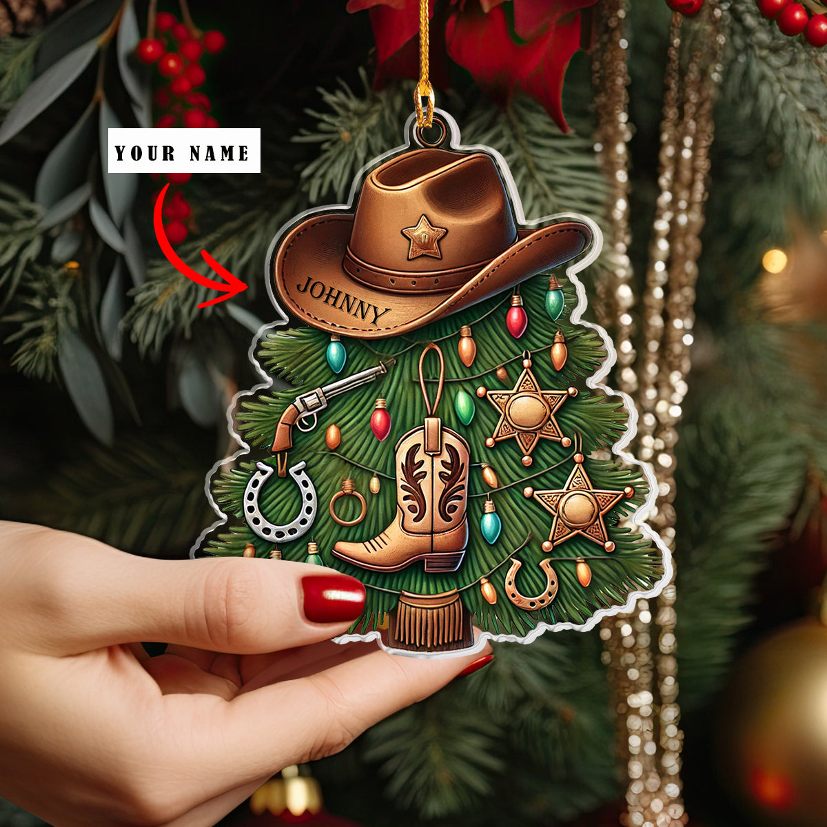 Shineful 2D Acrylic Ornament Personalized Cowboy Christmas Tree