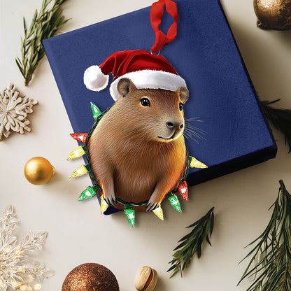 Ornement en acrylique brillant personnalisé Capybara Festive Lights