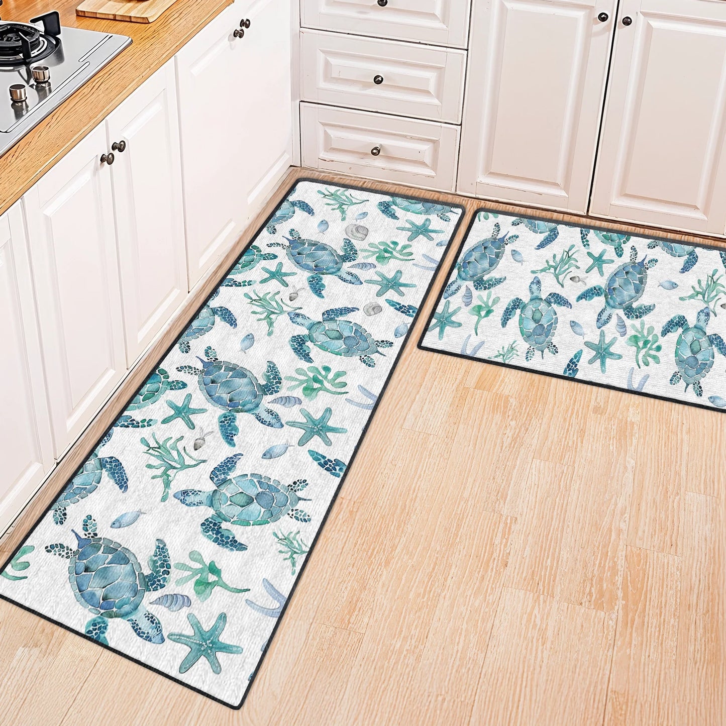 Shineful Ultra-Thin Non Skid Floor Mat, Kitchen Rugs Sea Turtle Blue Flow