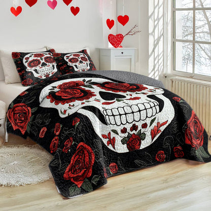 Shineful All Season Quilt 3-Piece Set - Roses & Skulls Elegance