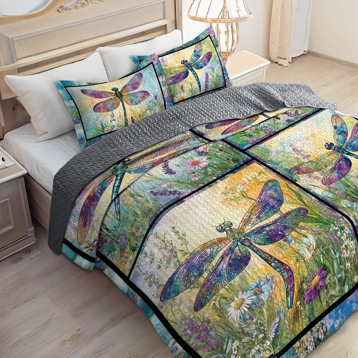 Shineful All Season Quilt 3-Piece Set Dragonfly Flower Garden